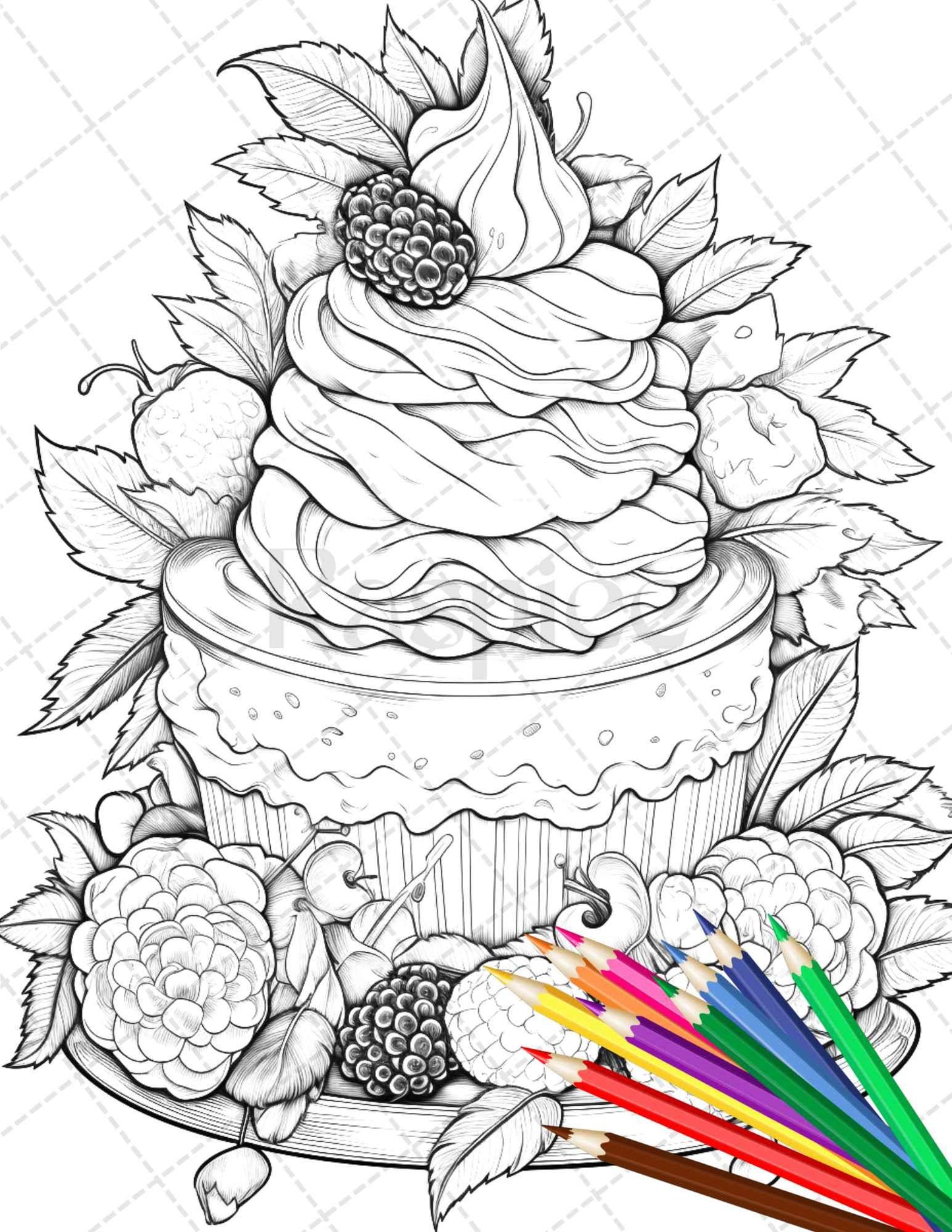 36 Sweet Desserts Coloring Pages Printable for Adults, Grayscale Coloring Page, PDF File Instant Download
