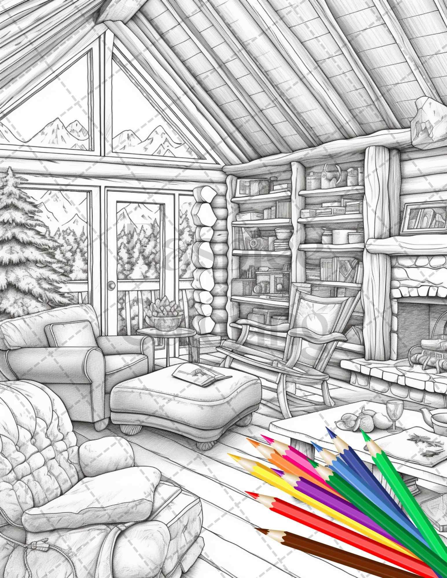 Cozy Cabin Interior Grayscale Coloring Pages Printable for Adults, PDF File Instant Download
