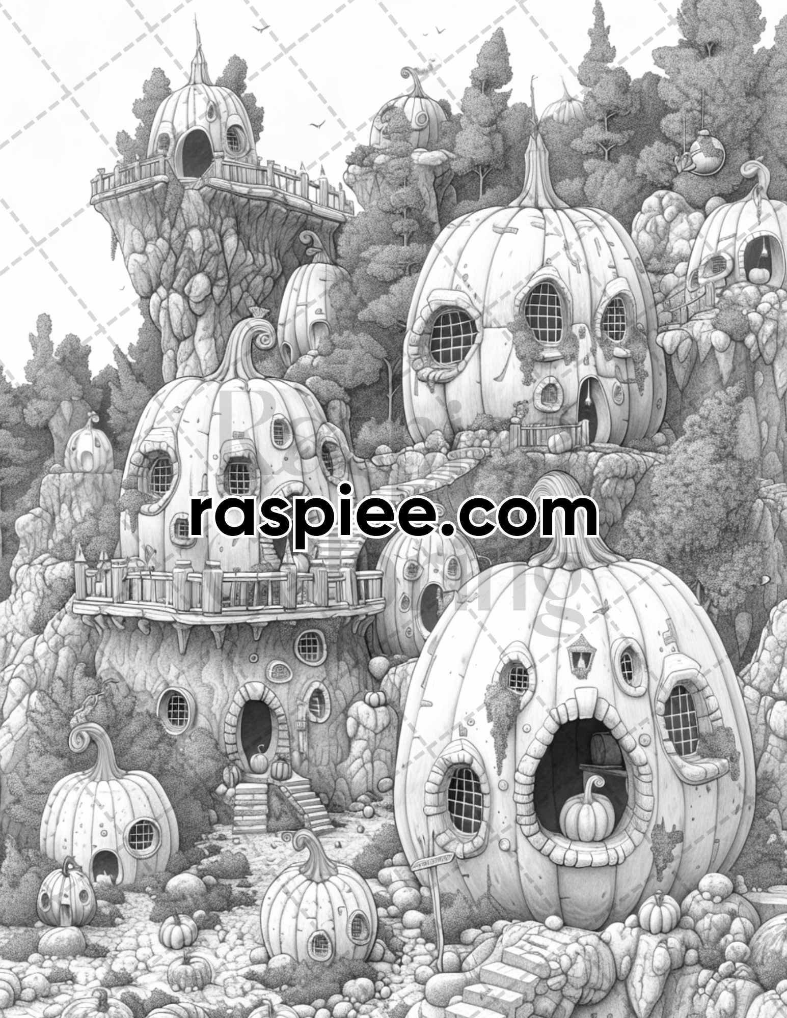 65 Fantasy Pumpkin Village Grayscale Adult Coloring Pages, Printable PDF Instant Download
