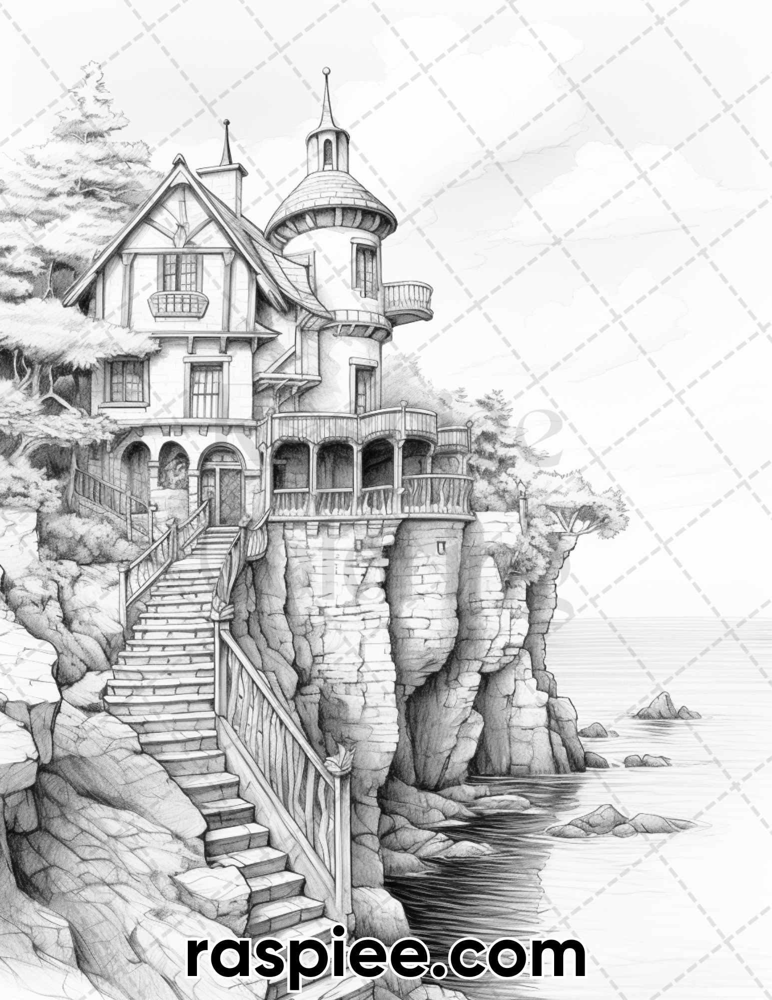 50 Fairy Beach Houses Grayscale Coloring Pages for Adults, Printable PDF Instant Download