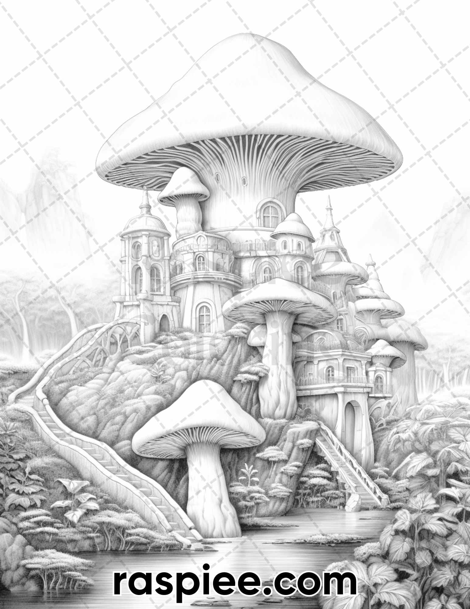 50 Fantasy Mushroom Island Grayscale Coloring Pages for Adults, Printable PDF Instant Download