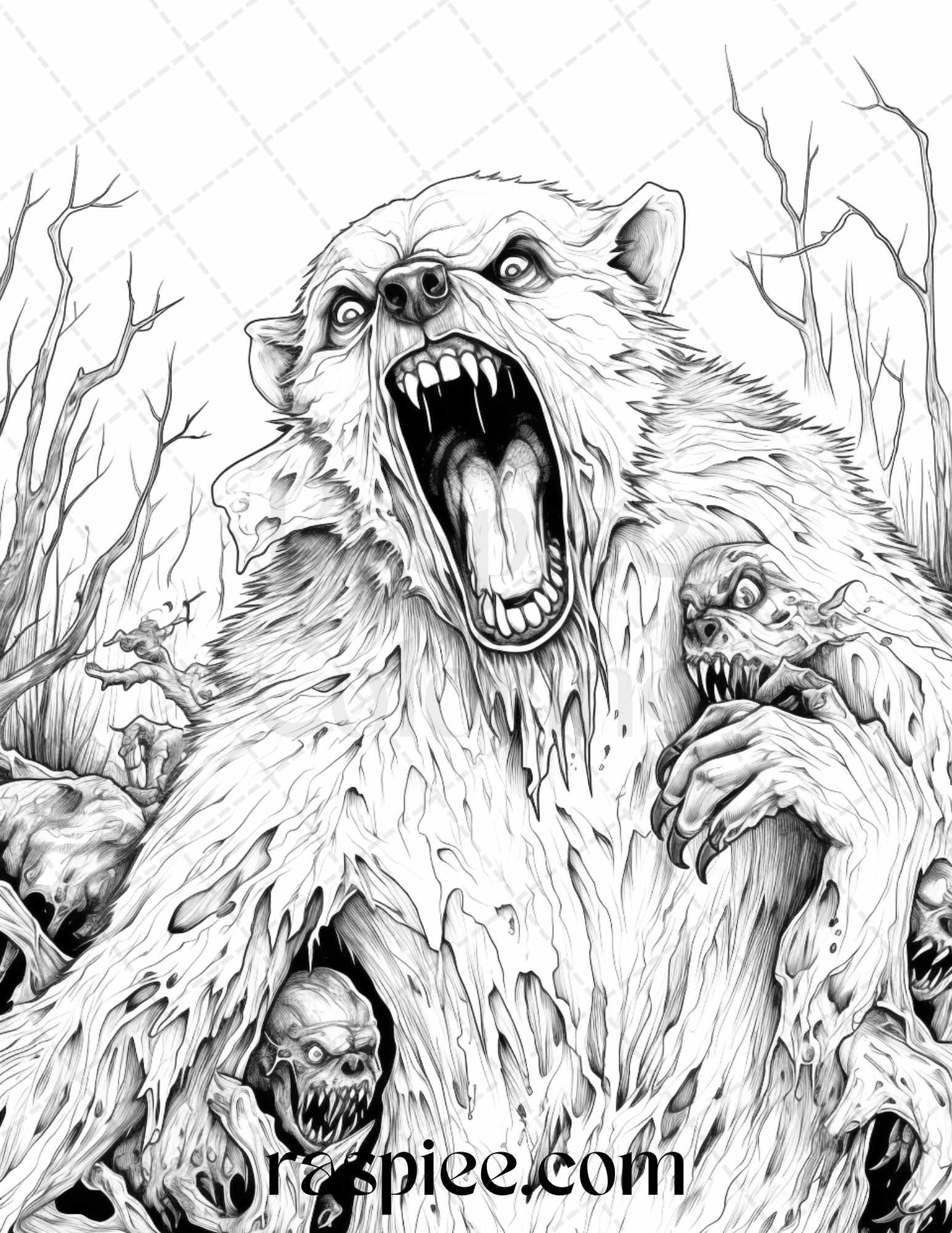 66 Horror Zombie Animals Grayscale Coloring Pages Printable for Adults, PDF File Instant Download