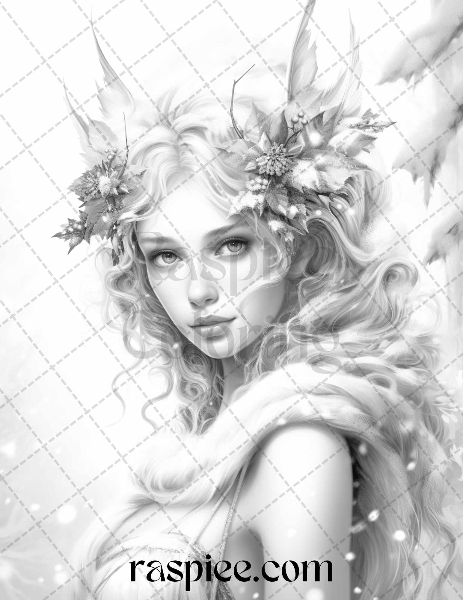 50 Winter Fairy Grayscale Coloring Pages Printable for Adults, PDF File Instant Download