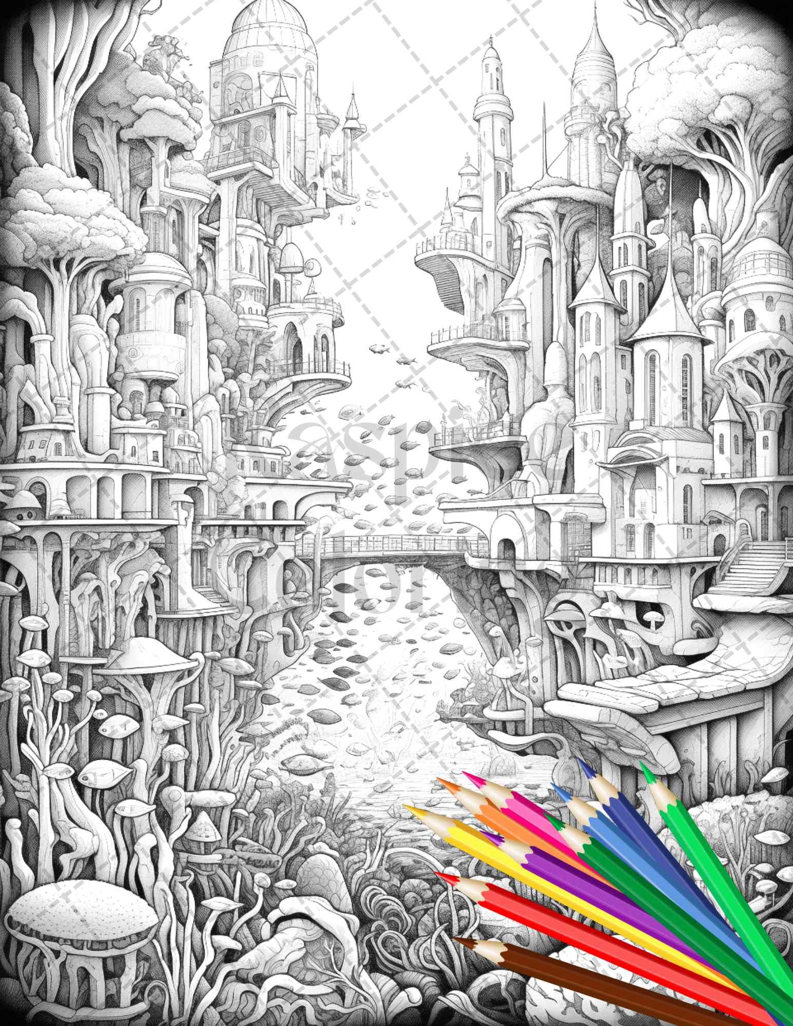 Enchanted Underwater City Grayscale Coloring Pages Printable for Adults, PDF File Instant Download