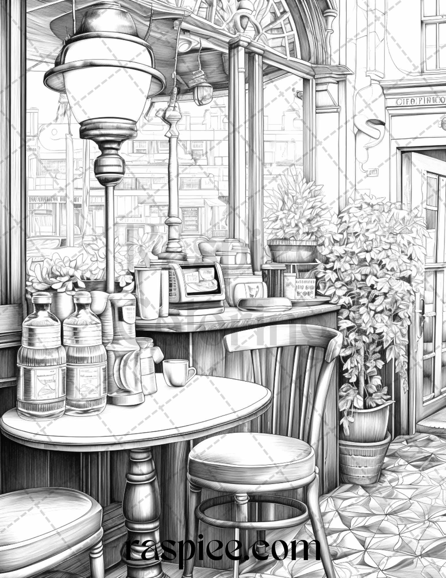 50 Cozy Coffee Shop Grayscale Coloring Pages Printable for Adults, PDF File Instant Download