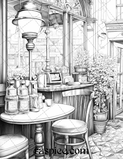 50 Cozy Coffee Shop Grayscale Coloring Pages Printable for Adults, PDF File Instant Download