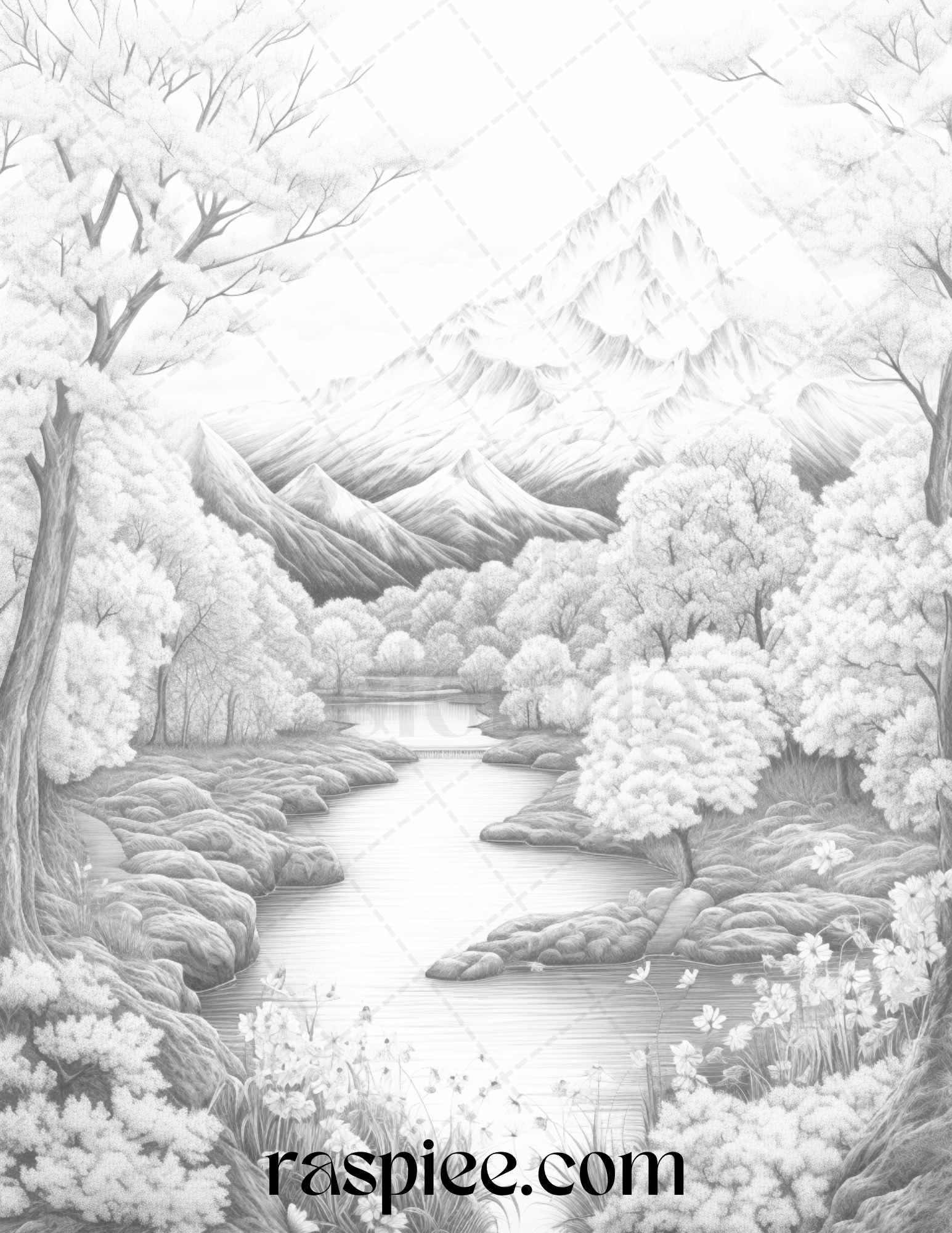 60 Mountain Flower Landscapes Grayscale Coloring Pages Printable for Adults, PDF File Instant Download