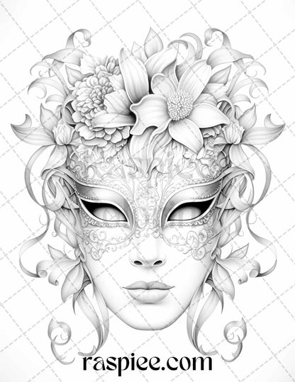 40 Masquerade Masks Grayscale Coloring Pages Printable for Adults, PDF File Instant Download