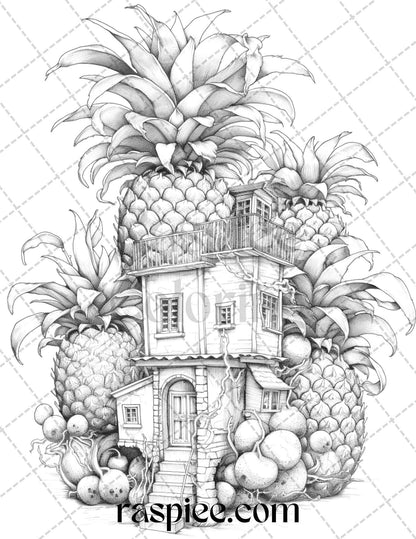 50 Pineapple Houses Grayscale Coloring Pages Printable for Adults, PDF File Instant Download
