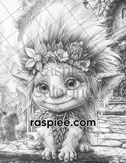 65 Fantasy Little Trolls Grayscale Adult Coloring Pages Printable PDF Instant Download
