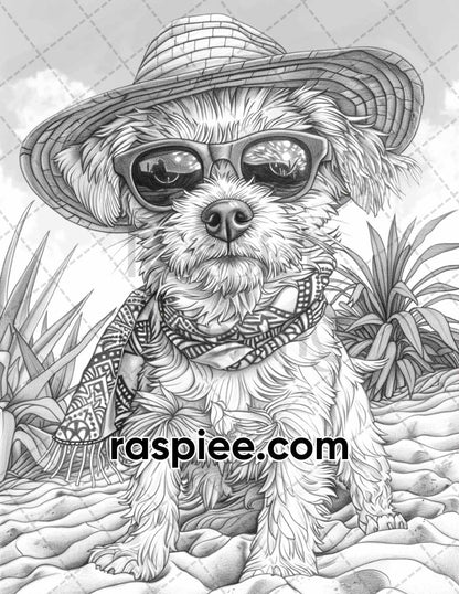 90 Summer Dogs Grayscale Adult Coloring Pages, Printable PDF Instant Download