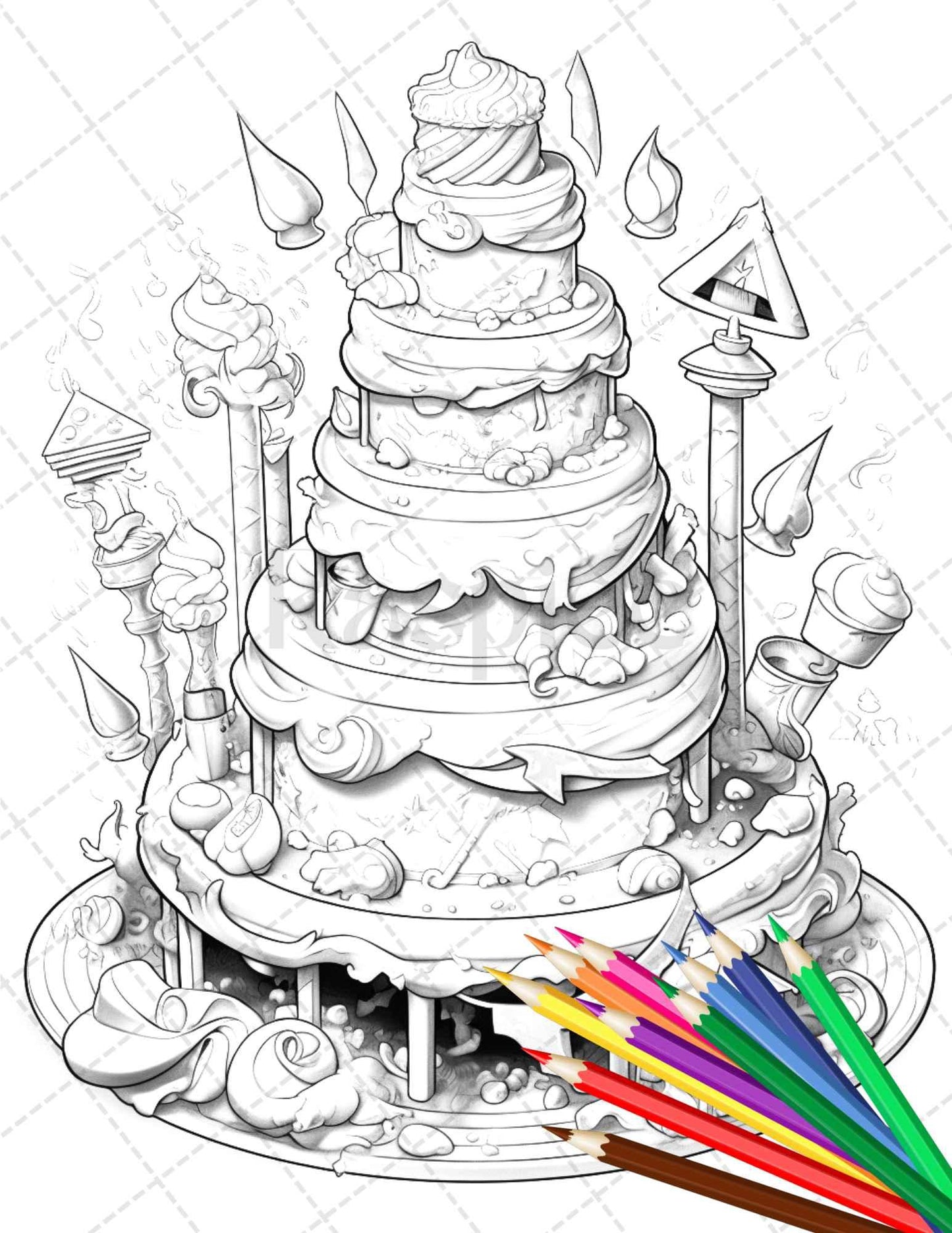38 Whimsical Cakes Grayscale Coloring Pages for Adults, PDF File Instant Download