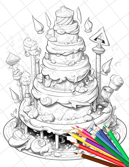 38 Whimsical Cakes Grayscale Coloring Pages for Adults, PDF File Instant Download