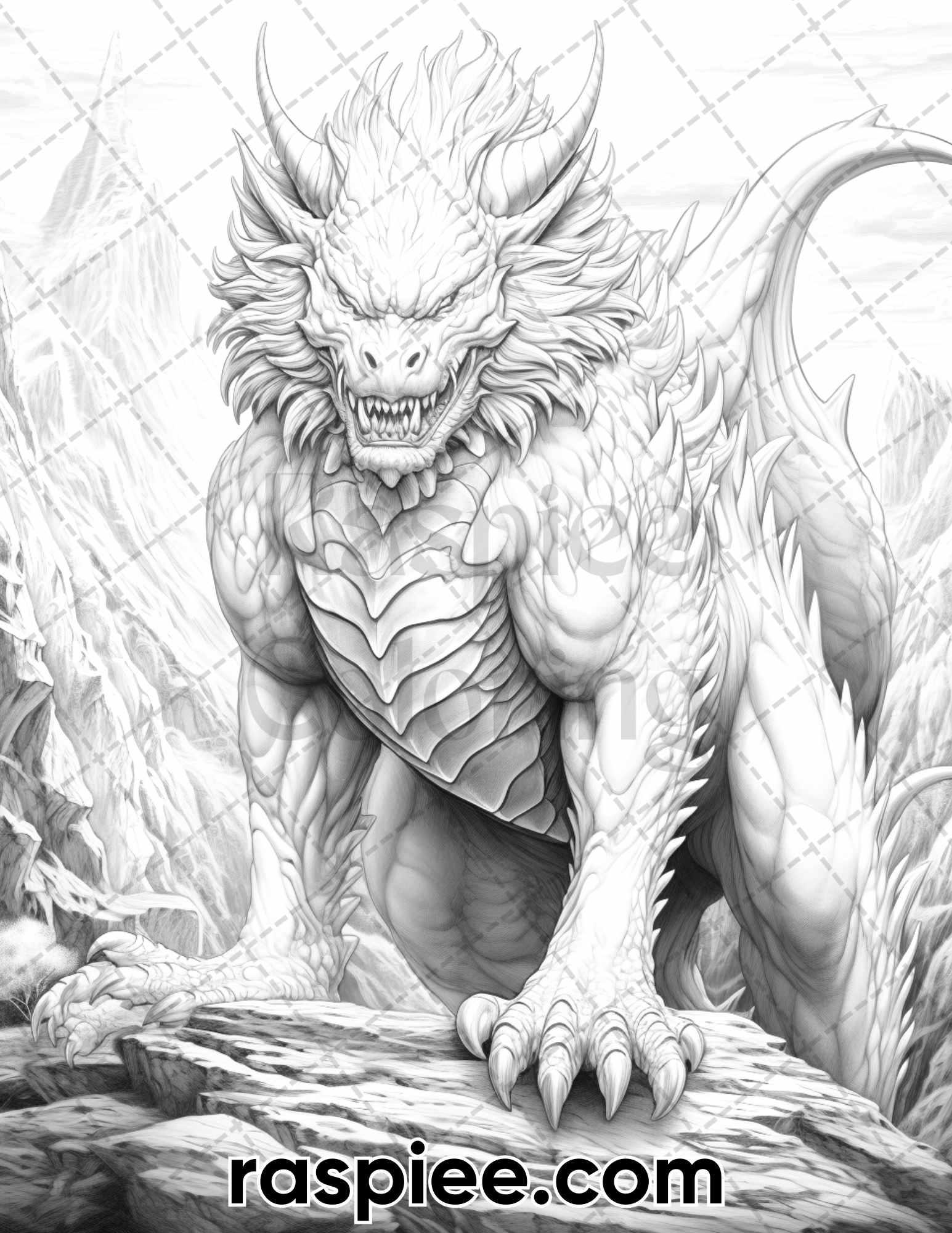 60 Mythical Creatures Grayscale Coloring Pages for Adults, Printable PDF Instant Download