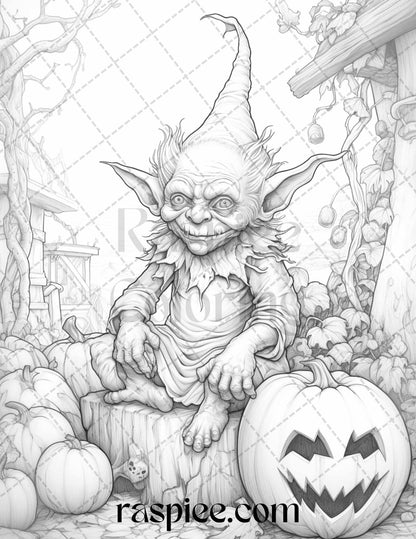 50 Halloween Goblin Grayscale Coloring Pages Printable for Adults, PDF File Instant Download
