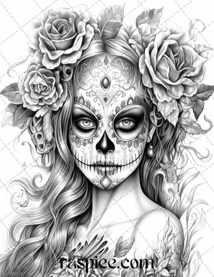 50 Day of the Dead Grayscale Coloring Pages Printable for Adults, PDF File Instant Download