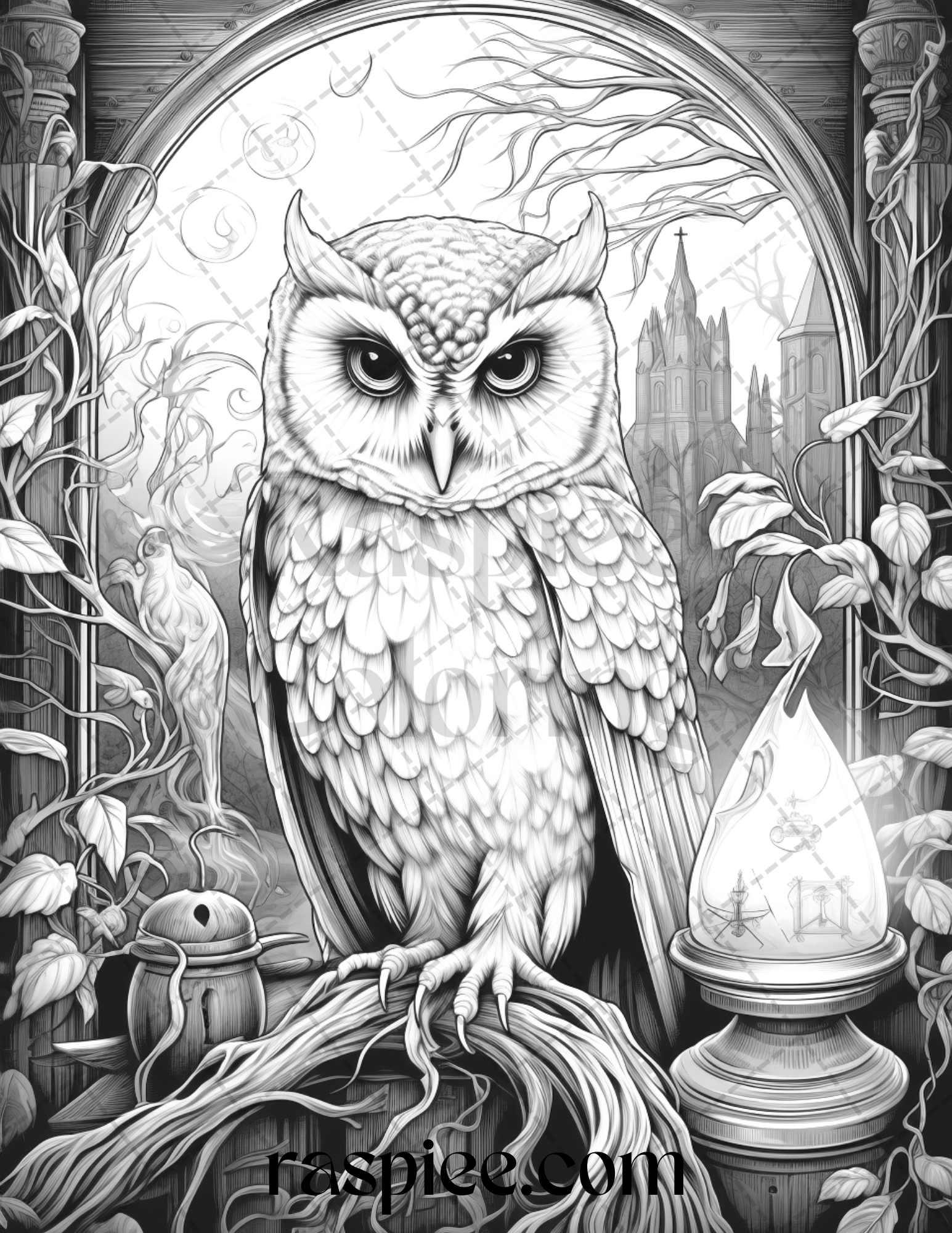 Halloween Witch Owl Grayscale Coloring Pages for Adults and Kids, Printable PDF Instant Download