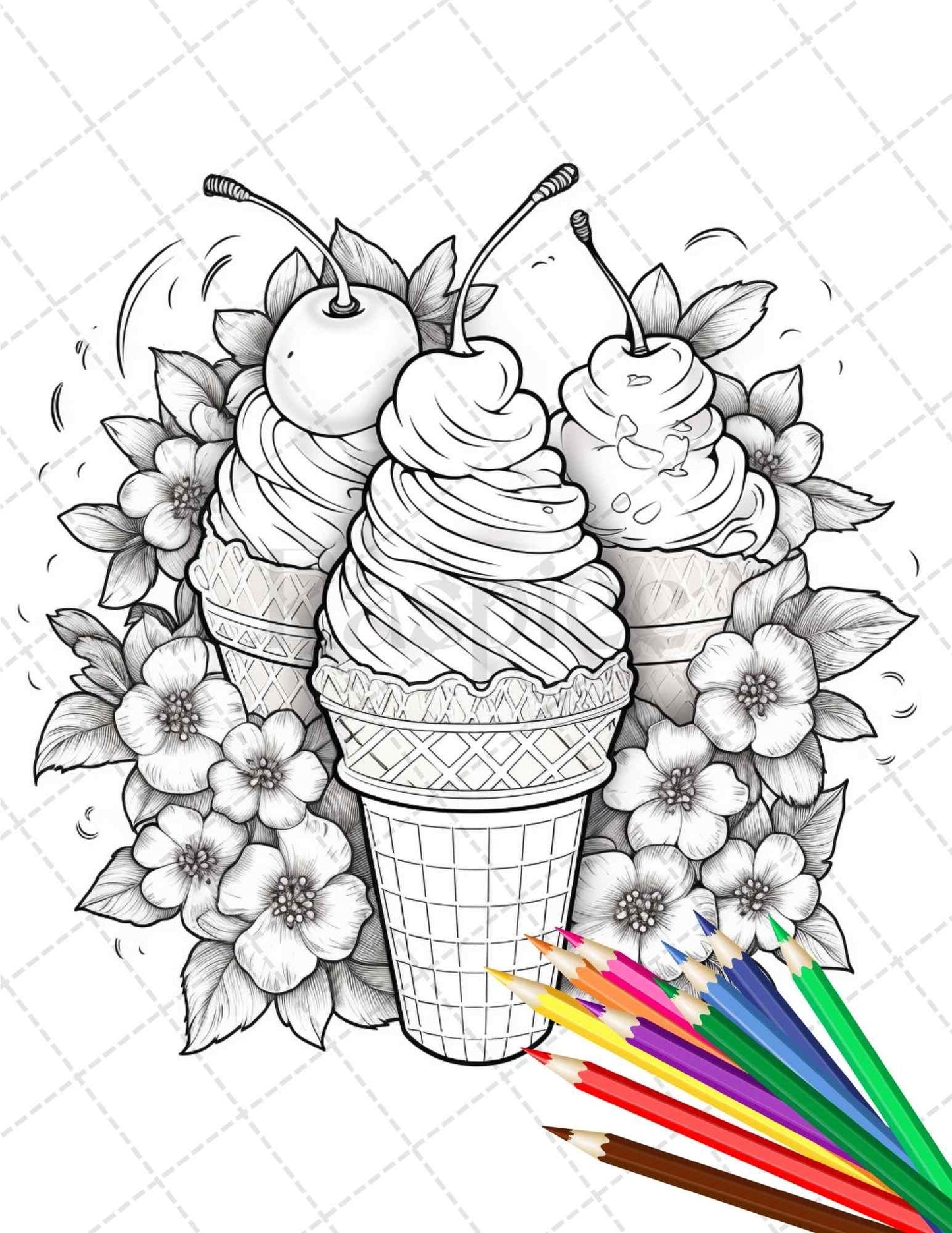 52 Printable Ice Cream Desserts Coloring Pages for Adults and Kids, Grayscale Coloring Page, PDF File Instant Download