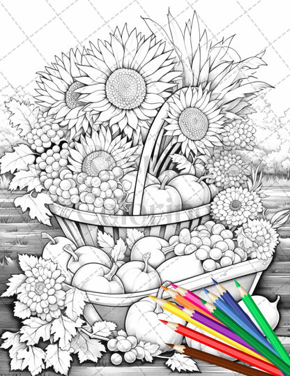 Autumn Harvest Grayscale Coloring Pages Printable for Adults, Relaxing Fall Themed Art, PDF File Instant Download