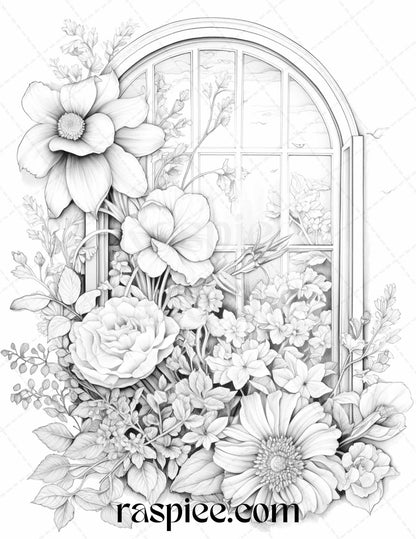 50 Blooming Windows Grayscale Coloring Pages Printable for Adults, PDF File Instant Download