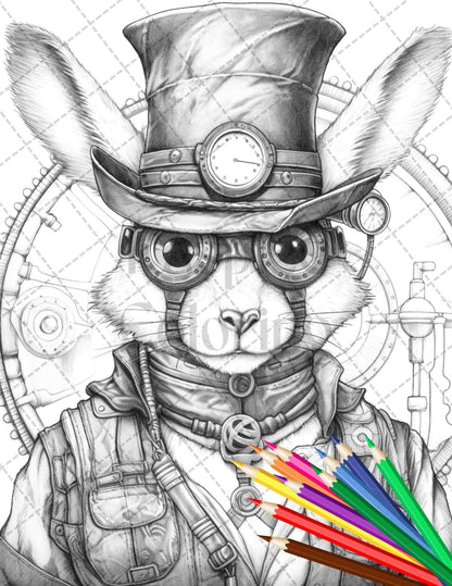 60 Steampunk Animals Grayscale Coloring Pages Printable for Adults, PDF File Instant Download