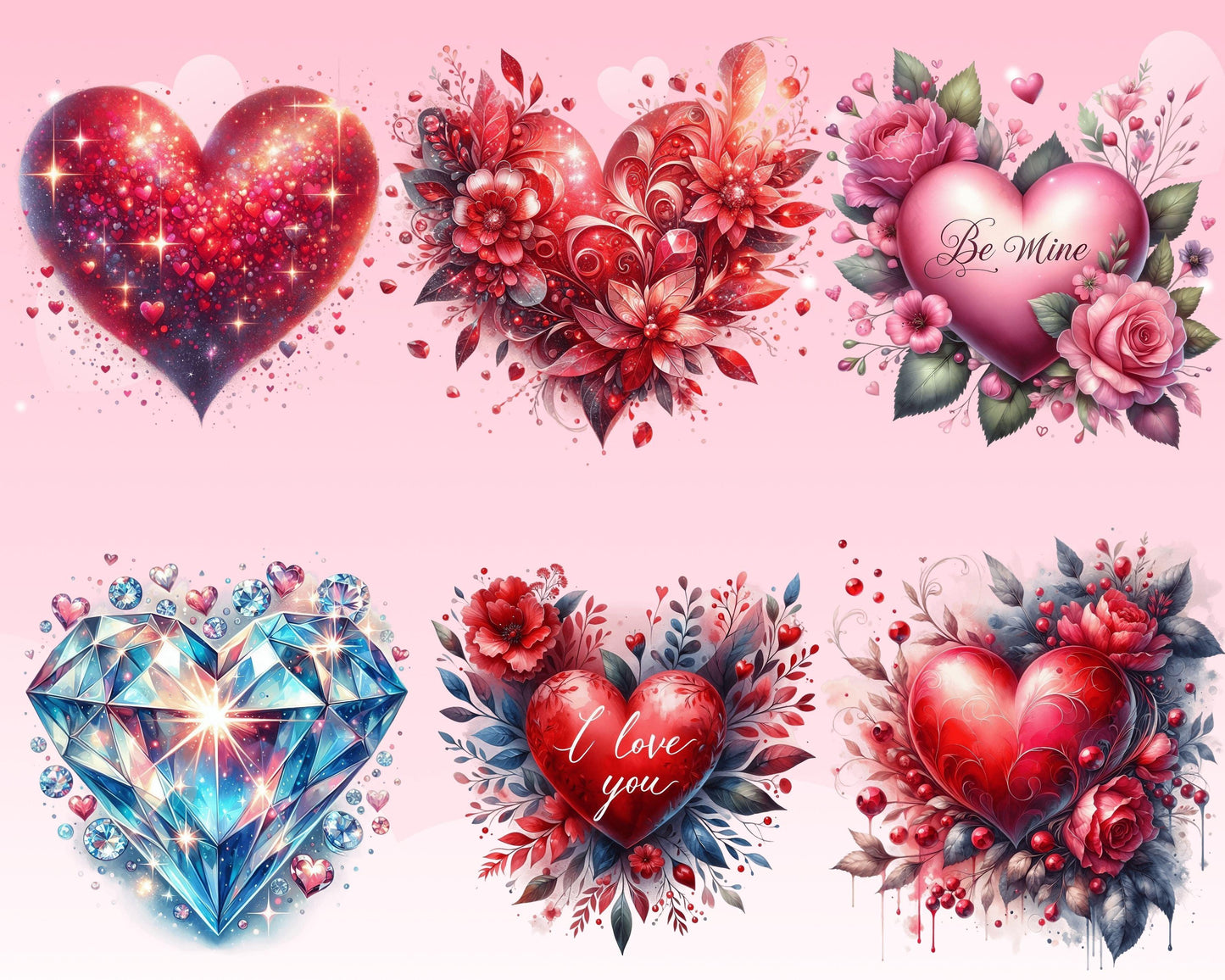 Romantic Valentine Heart Clipart Bundle, 52 PNG High-Res Files for Commercial Use and DIY Projects