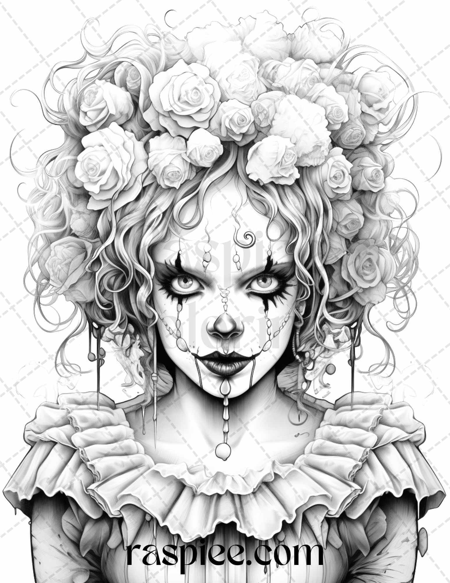 50 Scary Clown Girls Grayscale Coloring Pages Printable for Adults, PDF File Instant Download