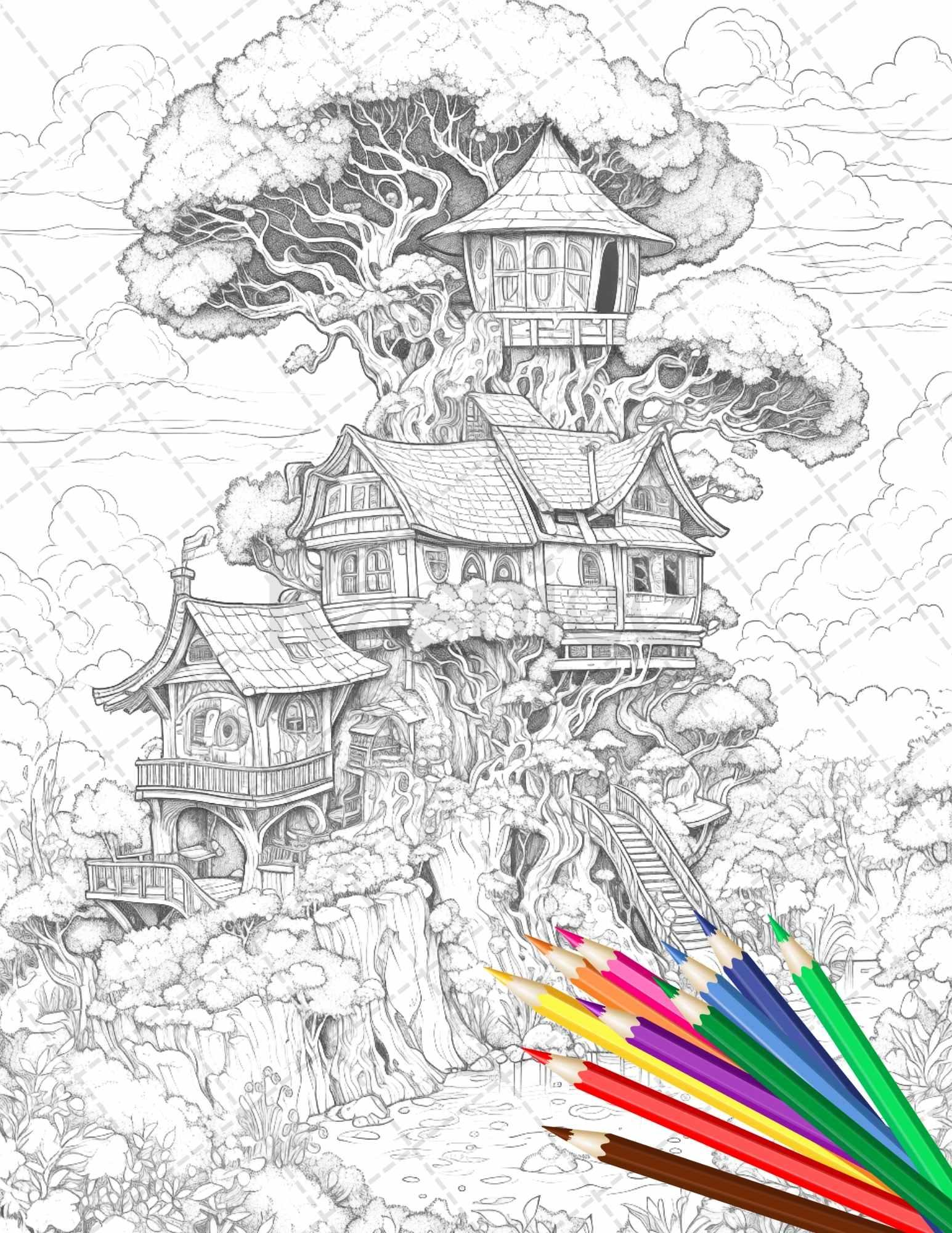 110 Enchanted Treehouse Coloring Book Printable for Adults, Grayscale Coloring Page, PDF File Instant Download