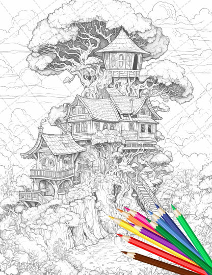 110 Enchanted Treehouse Coloring Book Printable for Adults, Grayscale Coloring Page, PDF File Instant Download