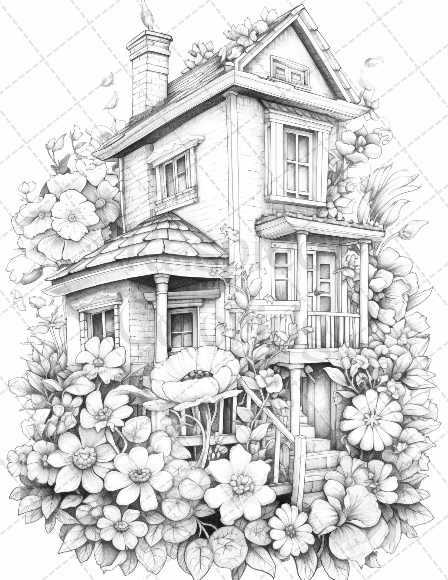 60 Flower Houses Grayscale Coloring Pages Printable for Adults, PDF File Instant Download