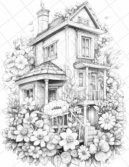 60 Flower Houses Grayscale Coloring Pages Printable for Adults, PDF File Instant Download