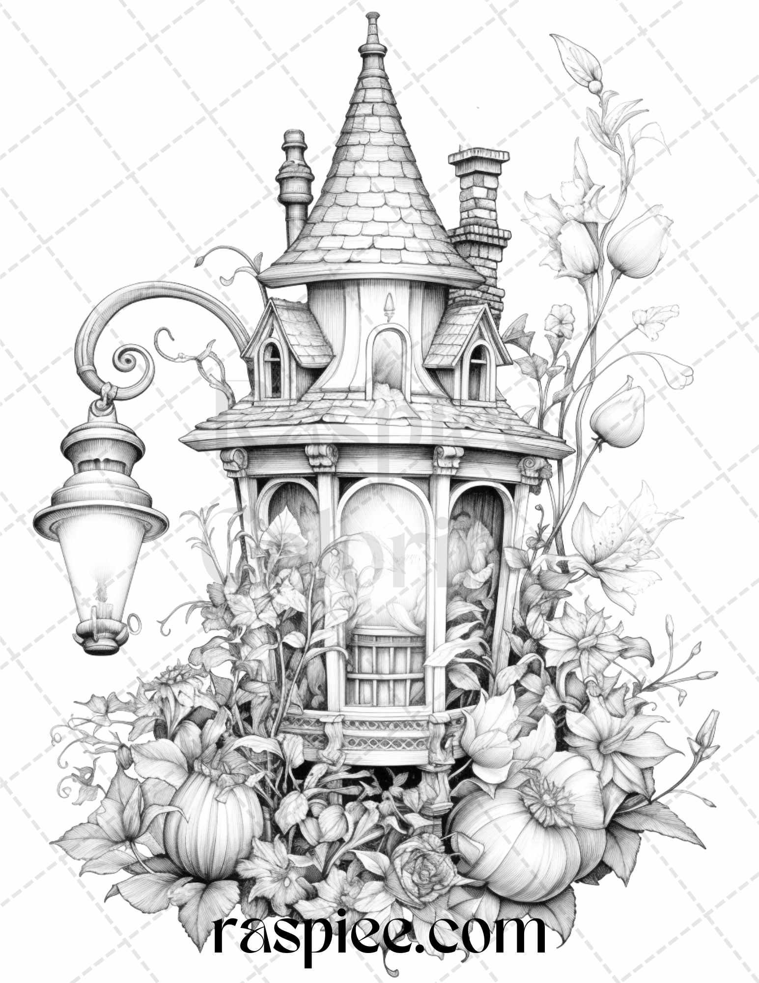 50 Lantern Fairy Houses Grayscale Coloring Pages Printable for Adults, PDF File Instant Download