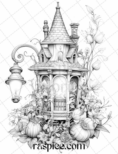 50 Lantern Fairy Houses Grayscale Coloring Pages Printable for Adults, PDF File Instant Download