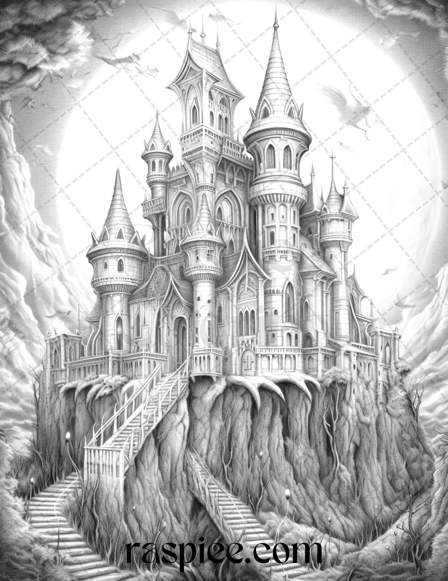 50 Haunted Castles Grayscale Coloring Pages Printable, Halloween Coloring Book, PDF File Instant Download