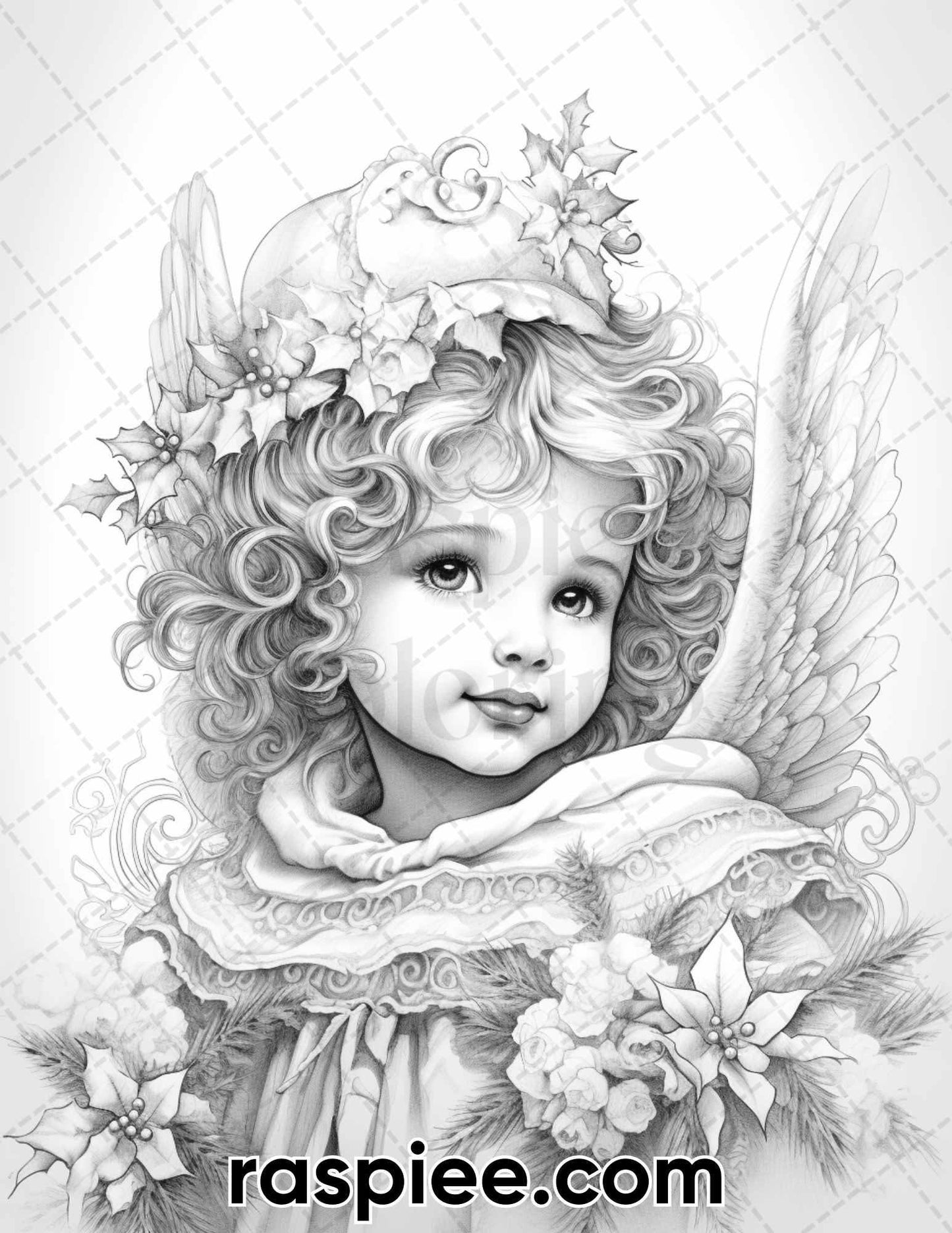 55 Christmas Angel Grayscale Coloring Pages for Adults, Printable PDF Instant Download
