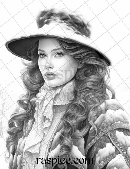 60 Victorian Winter Portrait Grayscale Coloring Pages Printable for Adults, PDF File Instant Download