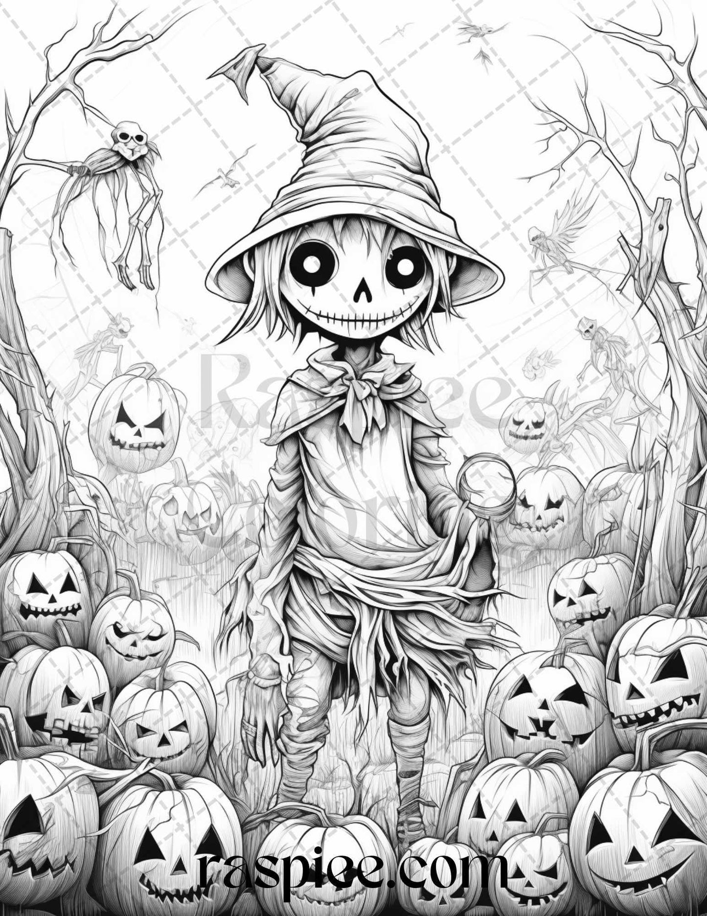 50 Halloween Scarecrows Grayscale Coloring Pages Printable for Adults, PDF File Instant Download