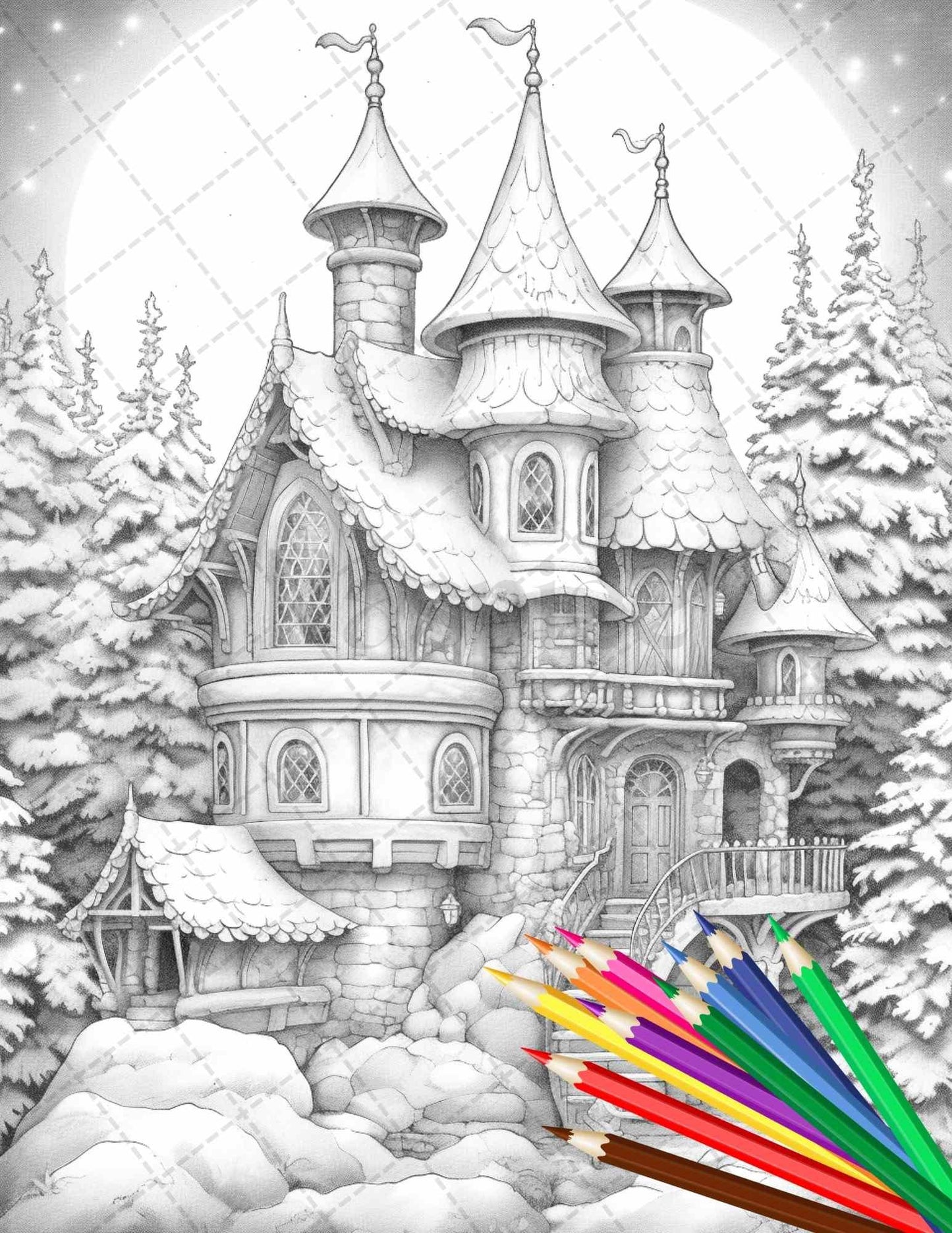 63 Winter Fairy Houses Grayscale Coloring Pages Printable for Adults, PDF File Instant Download