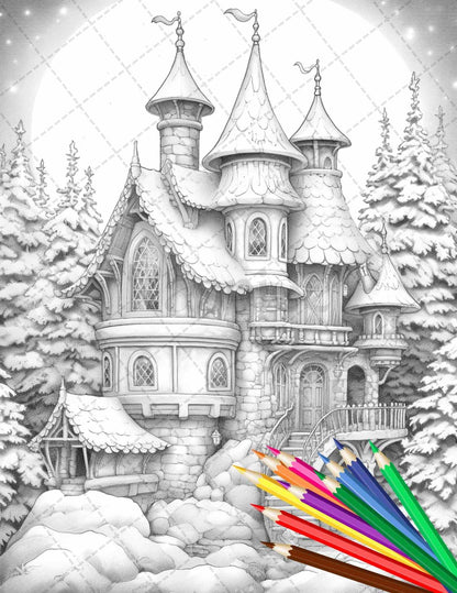 63 Winter Fairy Houses Grayscale Coloring Pages Printable for Adults, PDF File Instant Download