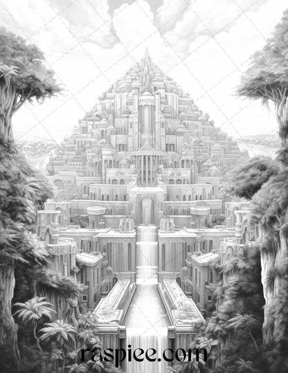 Hanging Gardens of Babylon Grayscale Coloring Pages Printable, PDF File Instant Download