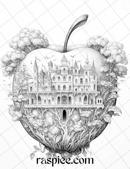 60 Miniworld in the Apple Grayscale Coloring Pages Printable for Adults, PDF File Instant Download