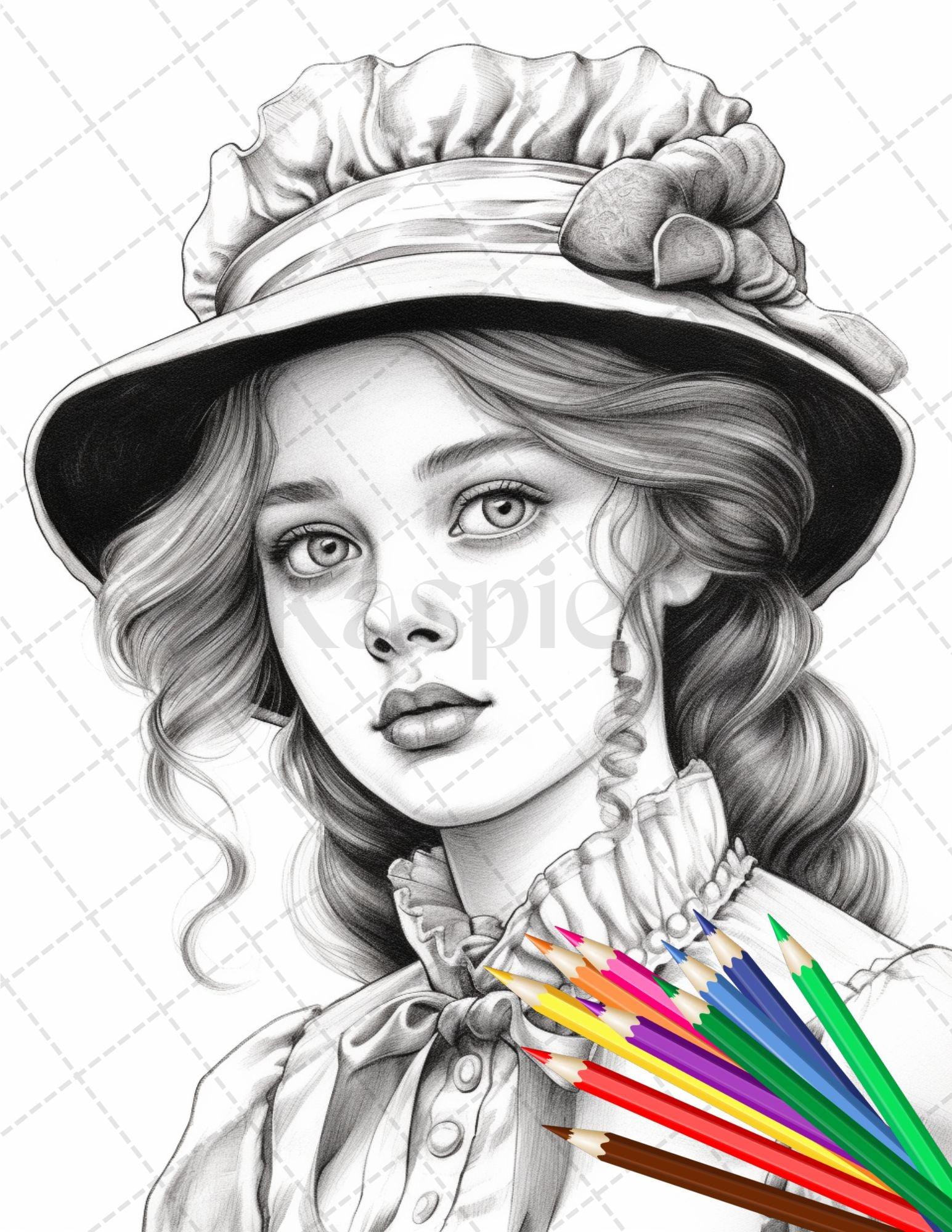 36 Beautiful Victorian Girls Coloring Pages Printable for Adults, Grayscale Coloring Page, PDF File Instant Download