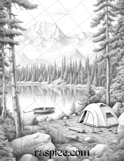 Nature Camping Grayscale Coloring Pages Printable, Relaxing Outdoor Scenes, PDF File Instant Download