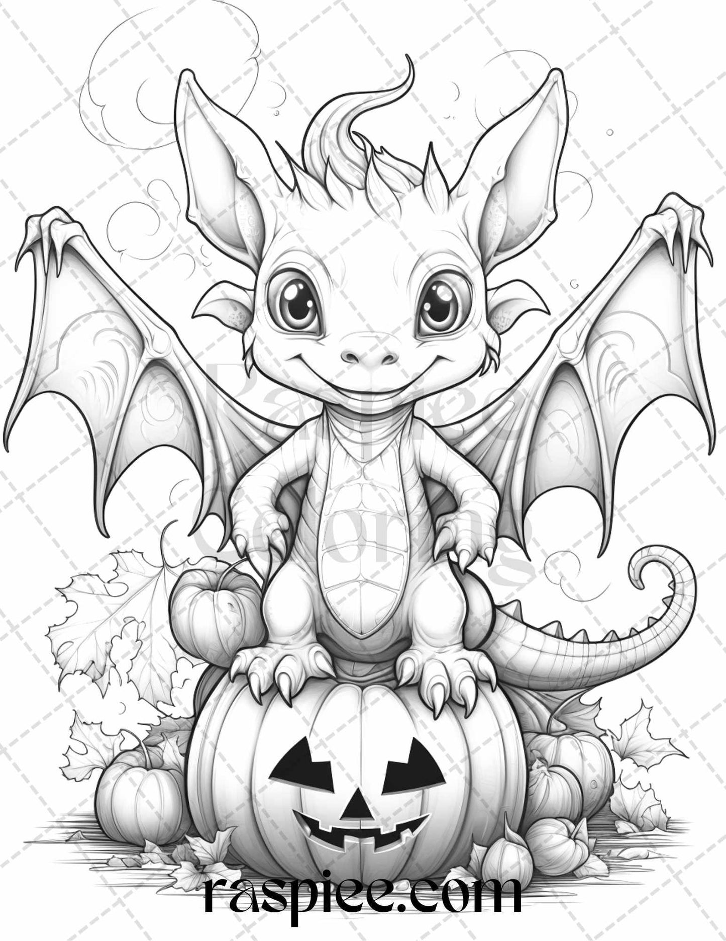 50 Cute Pumpkin Dragons Graycale Coloring Pages for Adults and Kids, Printable PDF File Instant Download