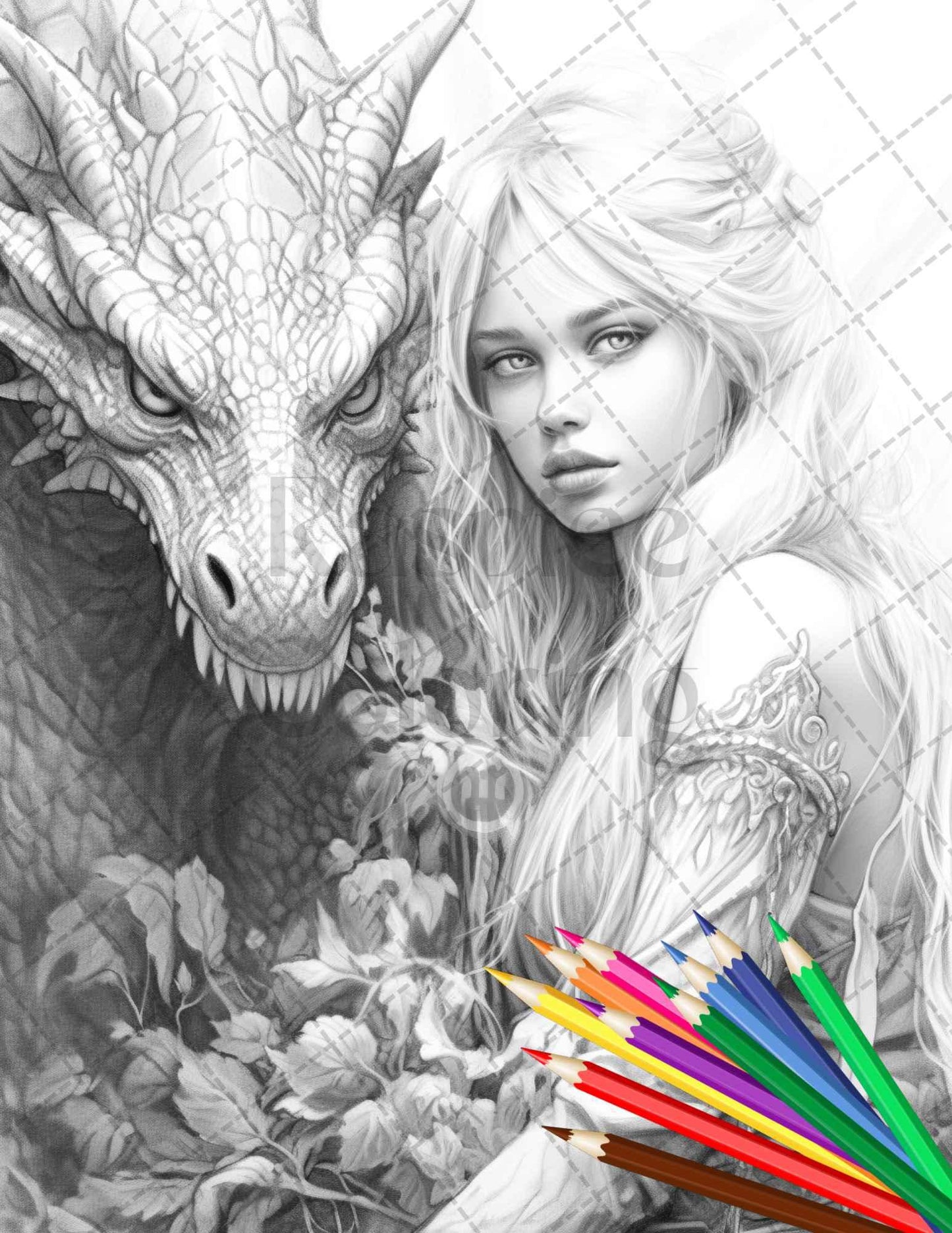 Enchanted Dragon Queens Grayscale Coloring Pages Printable for Adults, PDF File Instant Download