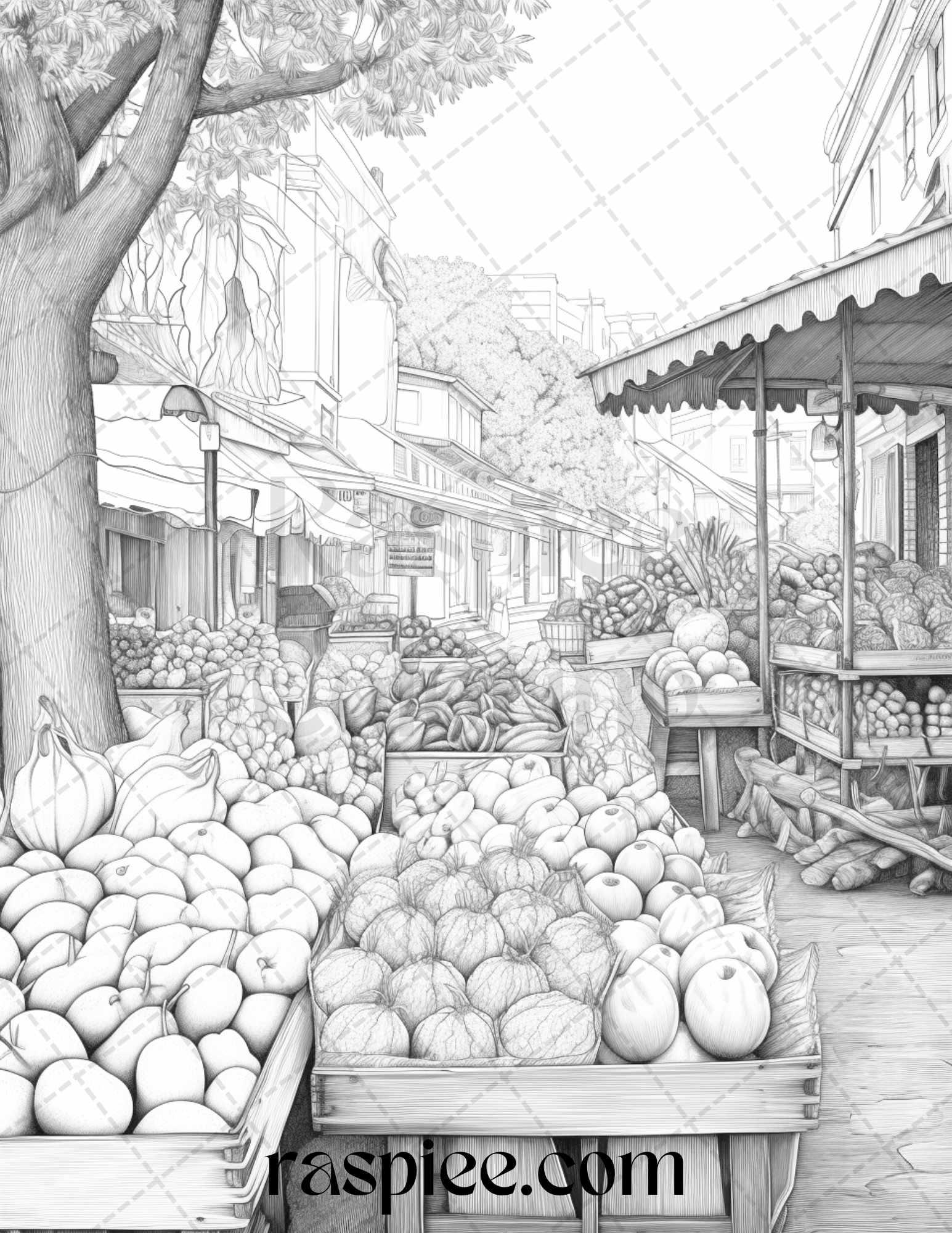 Autumn Street Markets Grayscale Coloring Pages for Adults, Printable PDF File Instant Download
