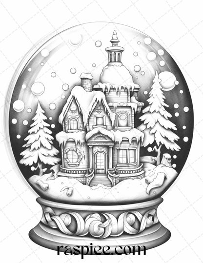 Cozy Cabin in Snow Globe Grayscale Coloring Pages Printable for Adults, PDF File Instant Download
