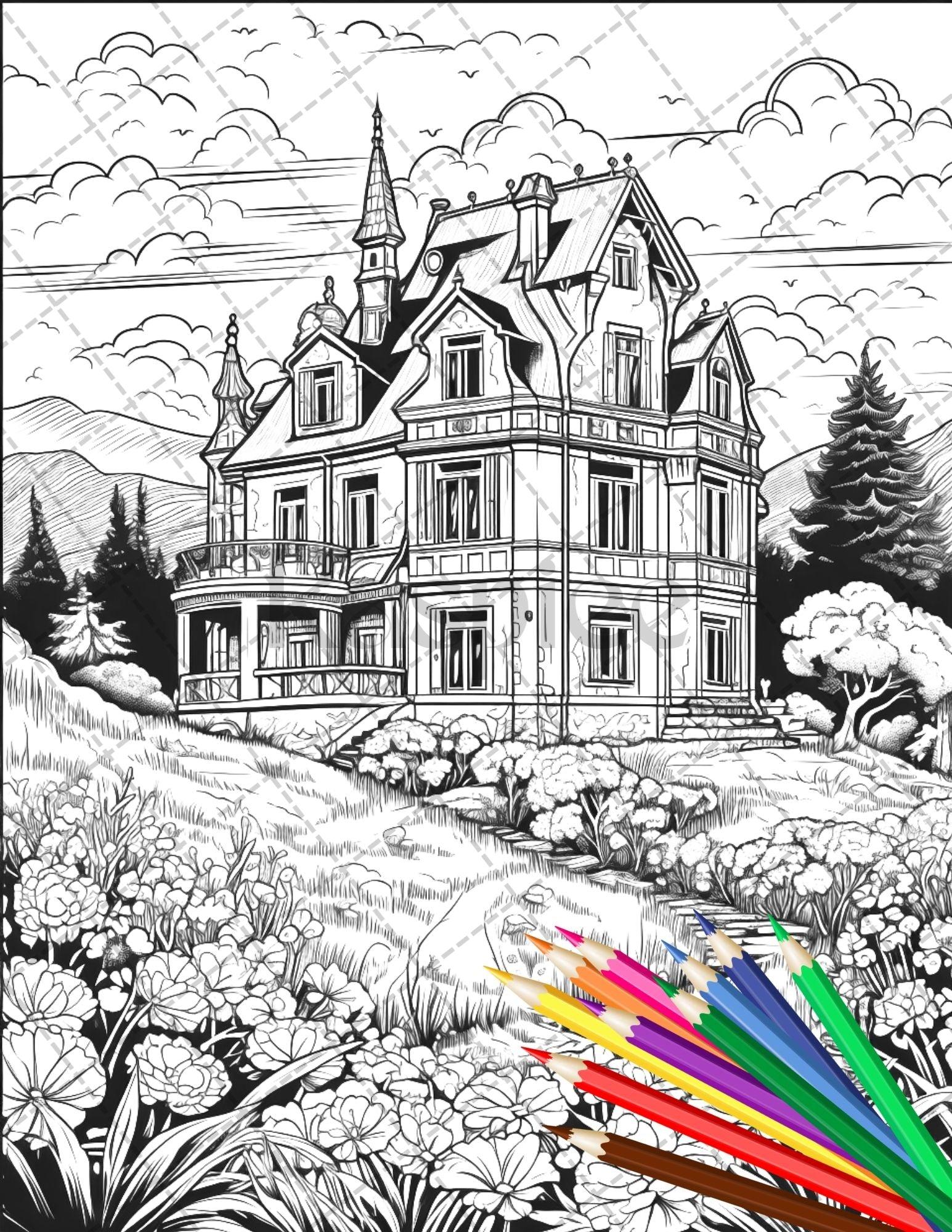 122 Fantasy Castles Coloring Book for Adults, Grayscale Coloring Page, Printable PDF Instant Download