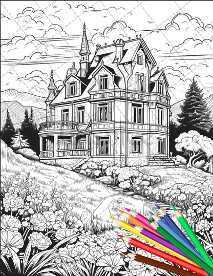 122 Fantasy Castles Coloring Book for Adults, Grayscale Coloring Page, Printable PDF Instant Download