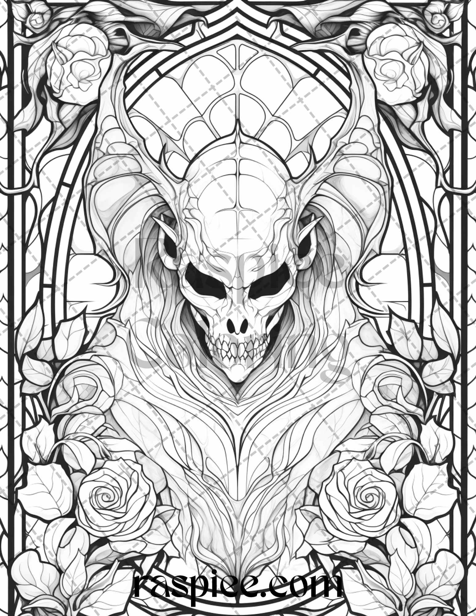 70 Halloween Stained Glass Grayscale Coloring Pages Printable for Adults, PDF File Instant Download